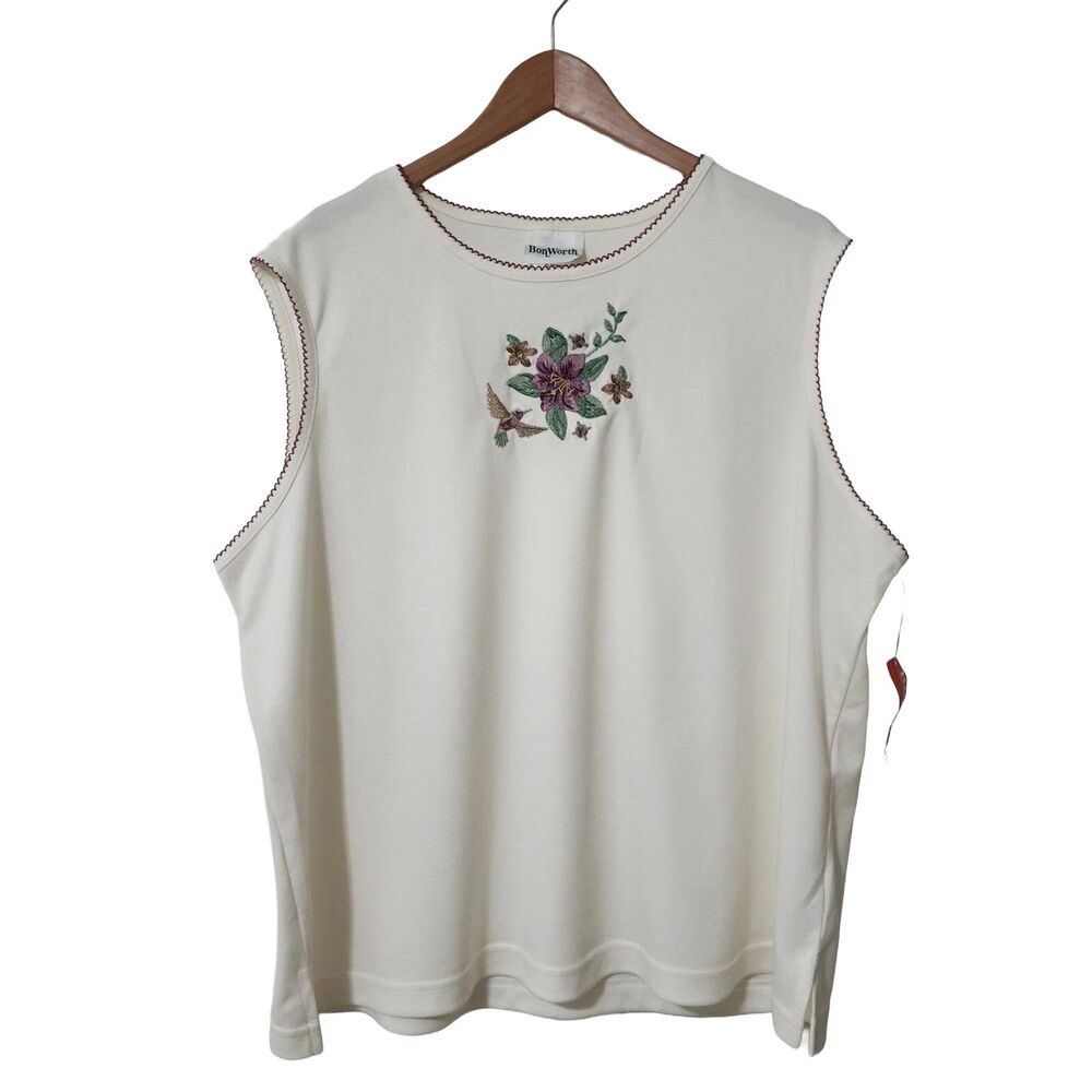 NWT BonWorth Petite Women's Embroidered Sleeveless Top Ivory PXL Cotton Blend